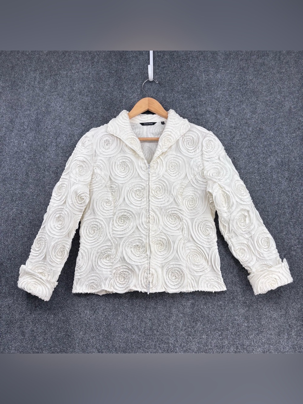 Samuel Dong White Ribbon 3D Rosettes Artsy Office Chic Full Zip Jacket Women’s M